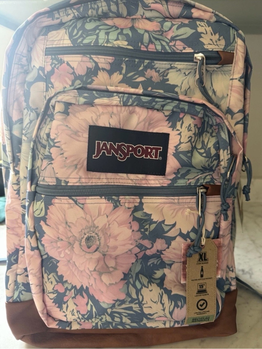Jansport Pink and Blue Floral Backpack with Brown Base - Picture 2 of 6